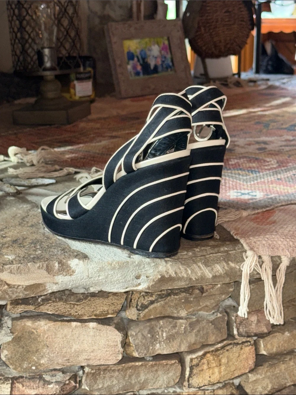 Salvatore Ferragamo Black and Cream Wedge Sandals